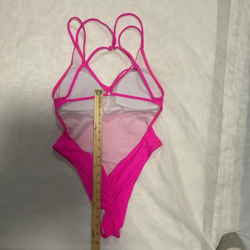 NWOT Backless Hot Pink Strappy Cheeky Bold 1 Piece Super High Cut Bottom Swimsui - Picture 6 of 9